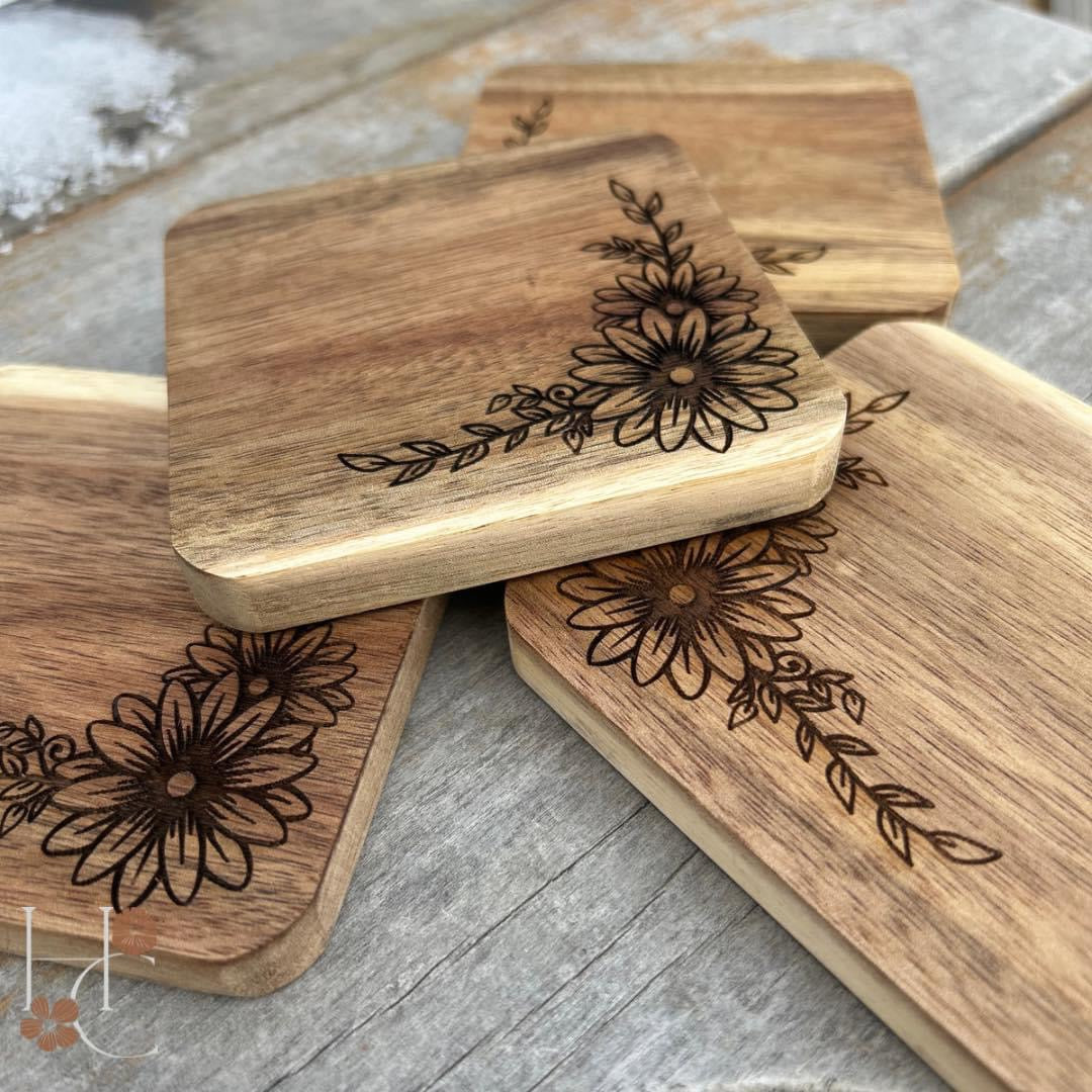 Thin Floral Engraved Coaster Set