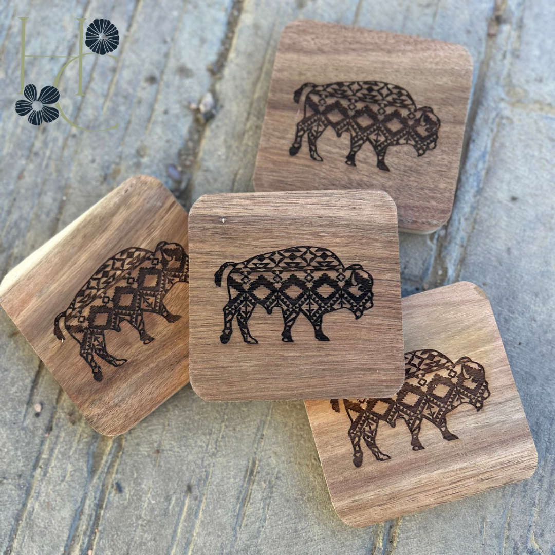 Aztec Bison Engraved Coaster Set