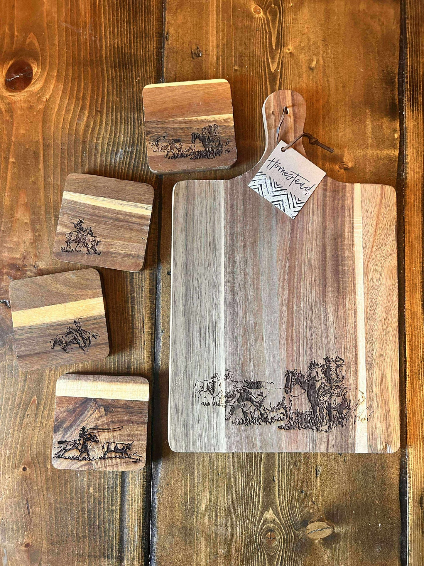 Western cutting board and coaster set