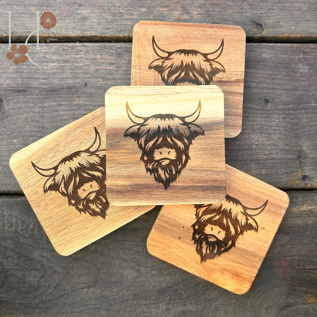 Highland Cow Engraved Coaster Set