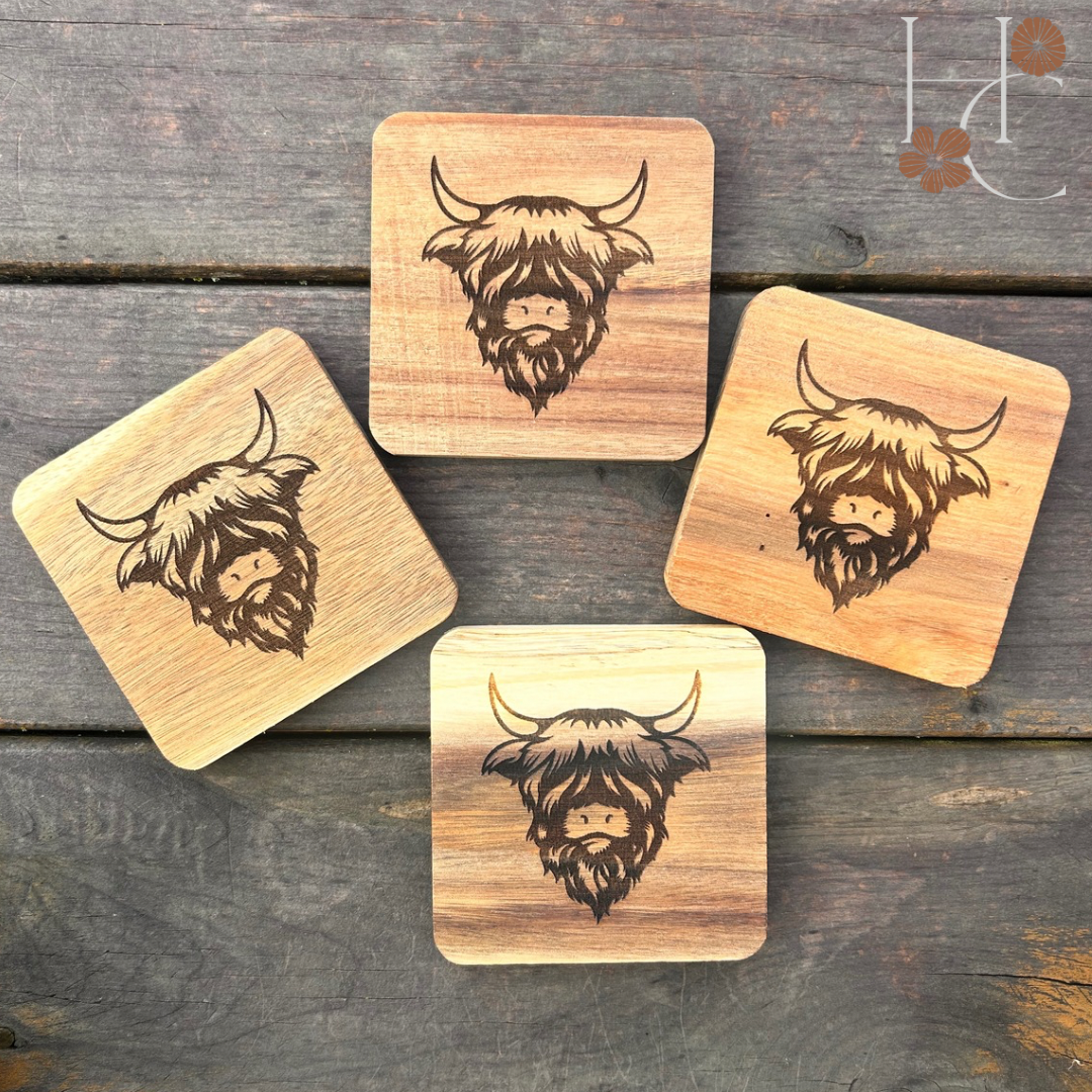 Highland Cow Engraved Coaster Set